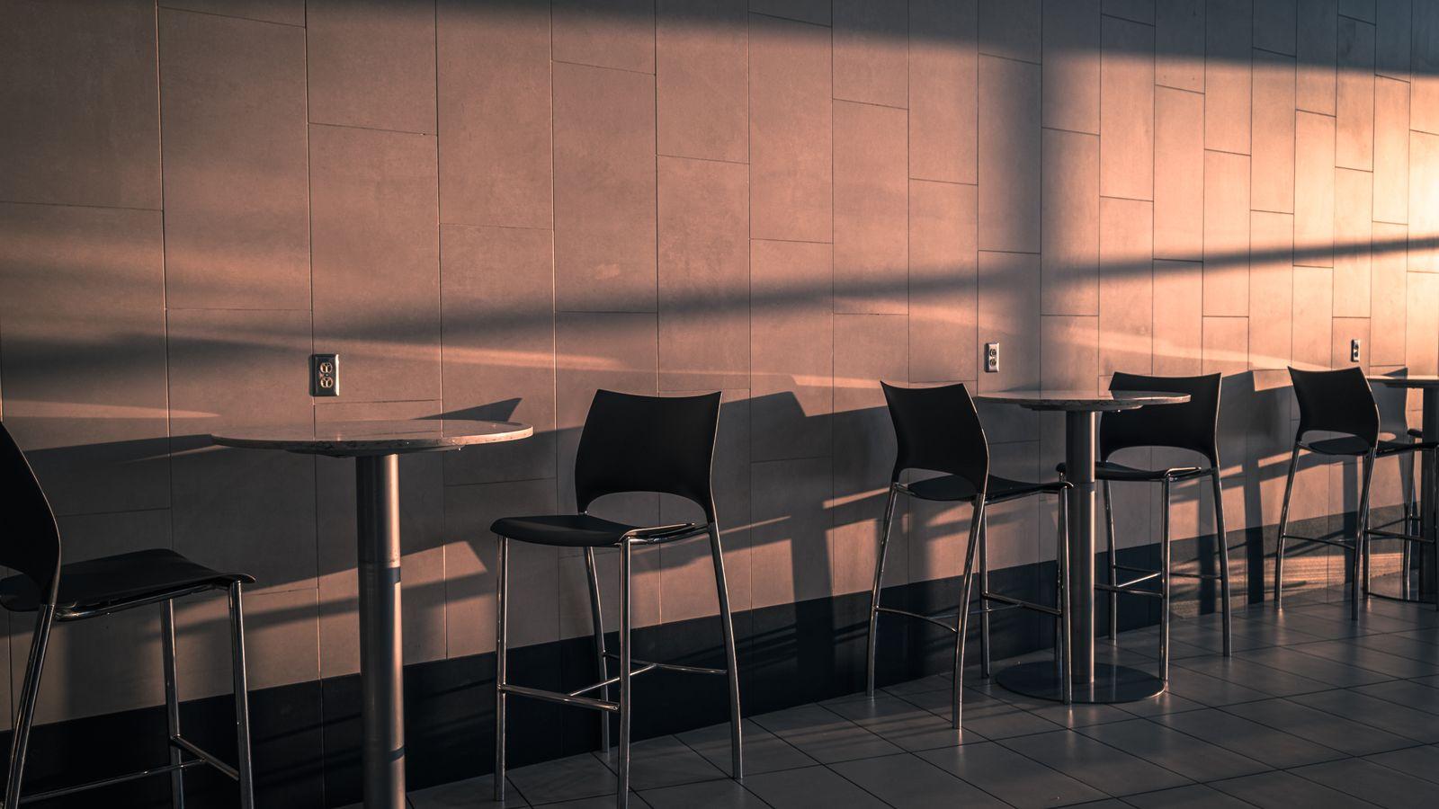 An empty café in warm morning light